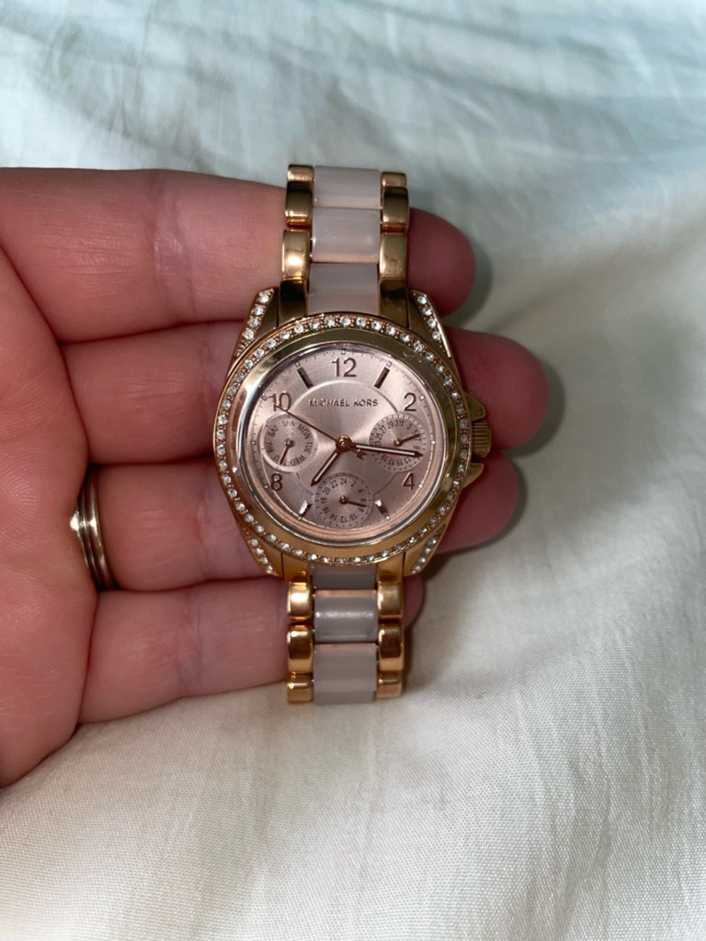 Michael Kors Rose Gold and Cream Ceramic Crystal Watch - not currently operating